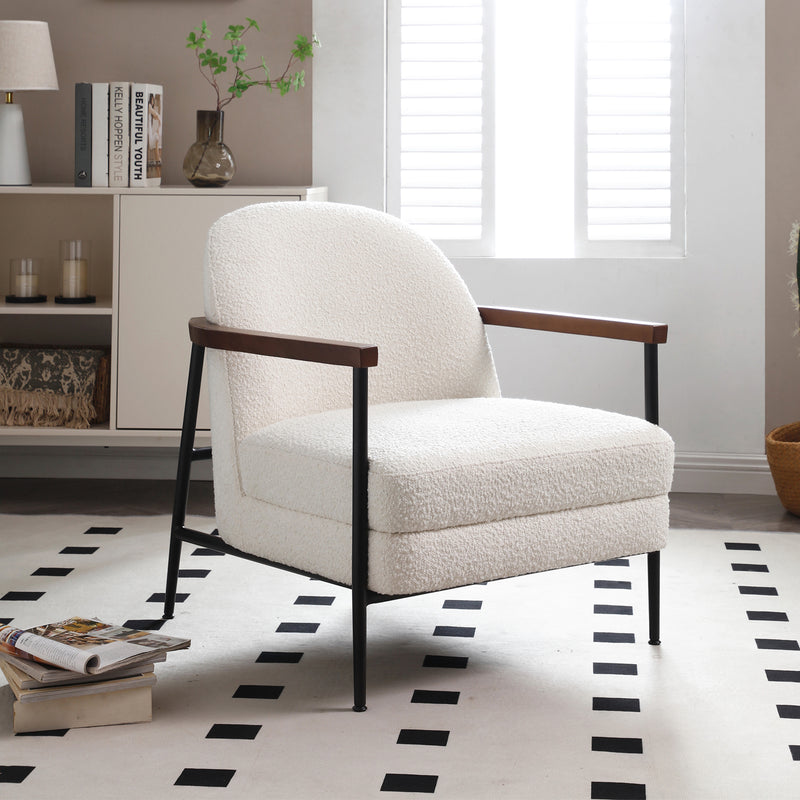 Denmark White Fabric Armchair with Wooden Arms & Black Metal Legs