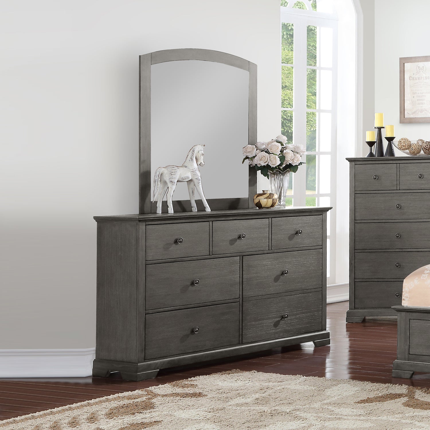 Marco Dresser with Mirror with 6 Storage Drawers in Solid Wood MDF Plywood Metal Handles in Wire Brush Grey Colour