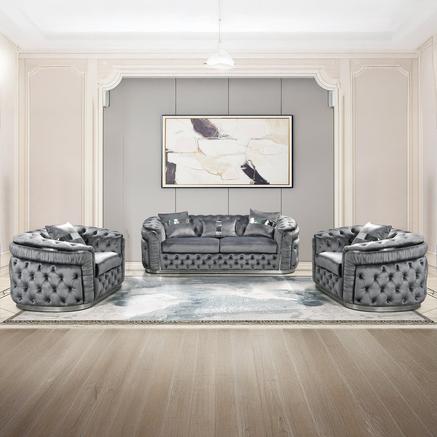 Duke 3+1+1 Seater Sofa Velvet Solid Wood Plywood Gold/Silver Stainless Steel