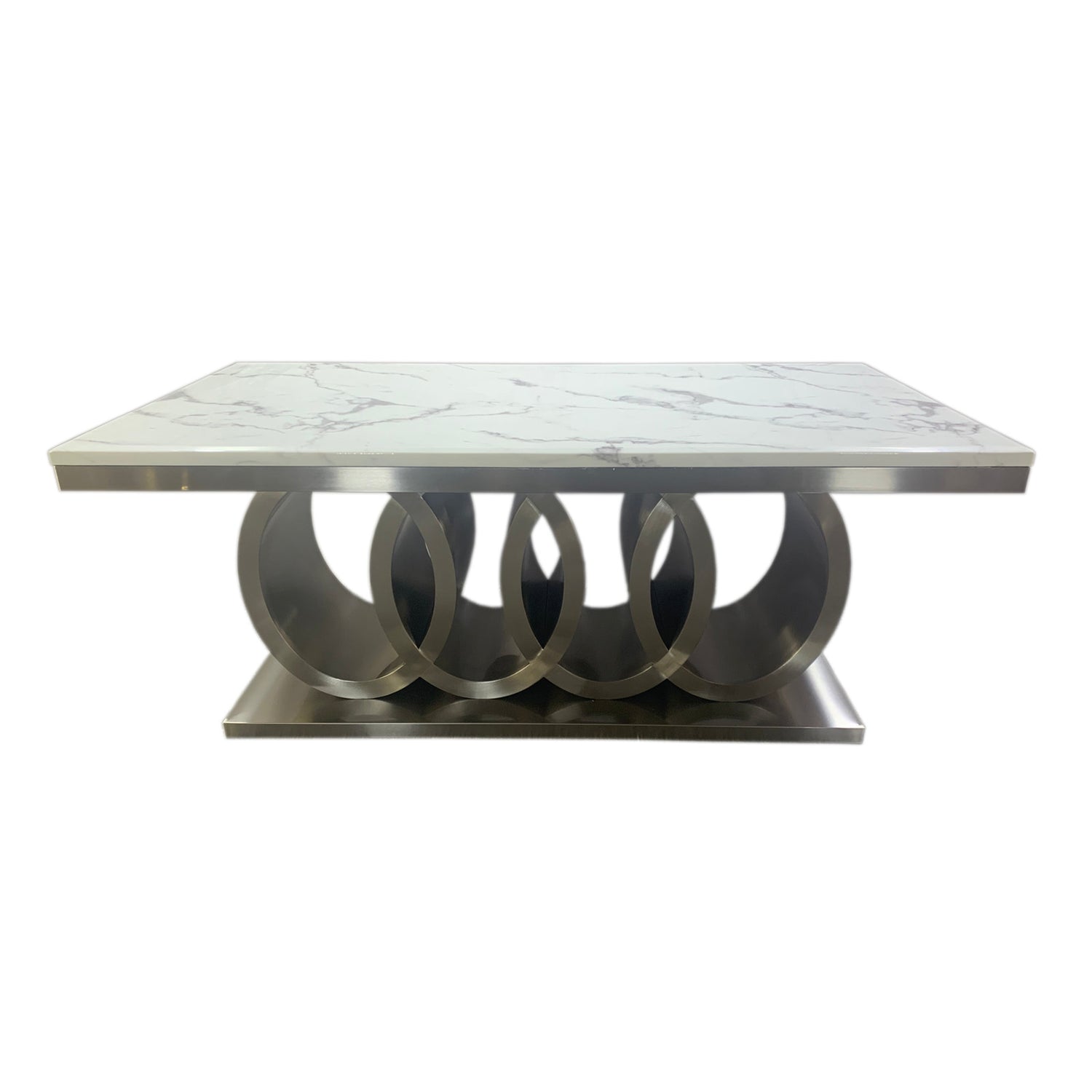 Paradise Dining Table White Faux Marble Top Aesthetic Metal Base Silver Colour