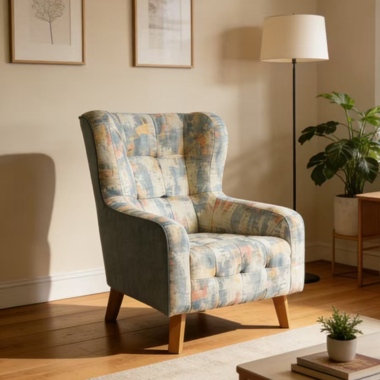 Dhalia Blue Tufted Armchair with Solid Wood Leg