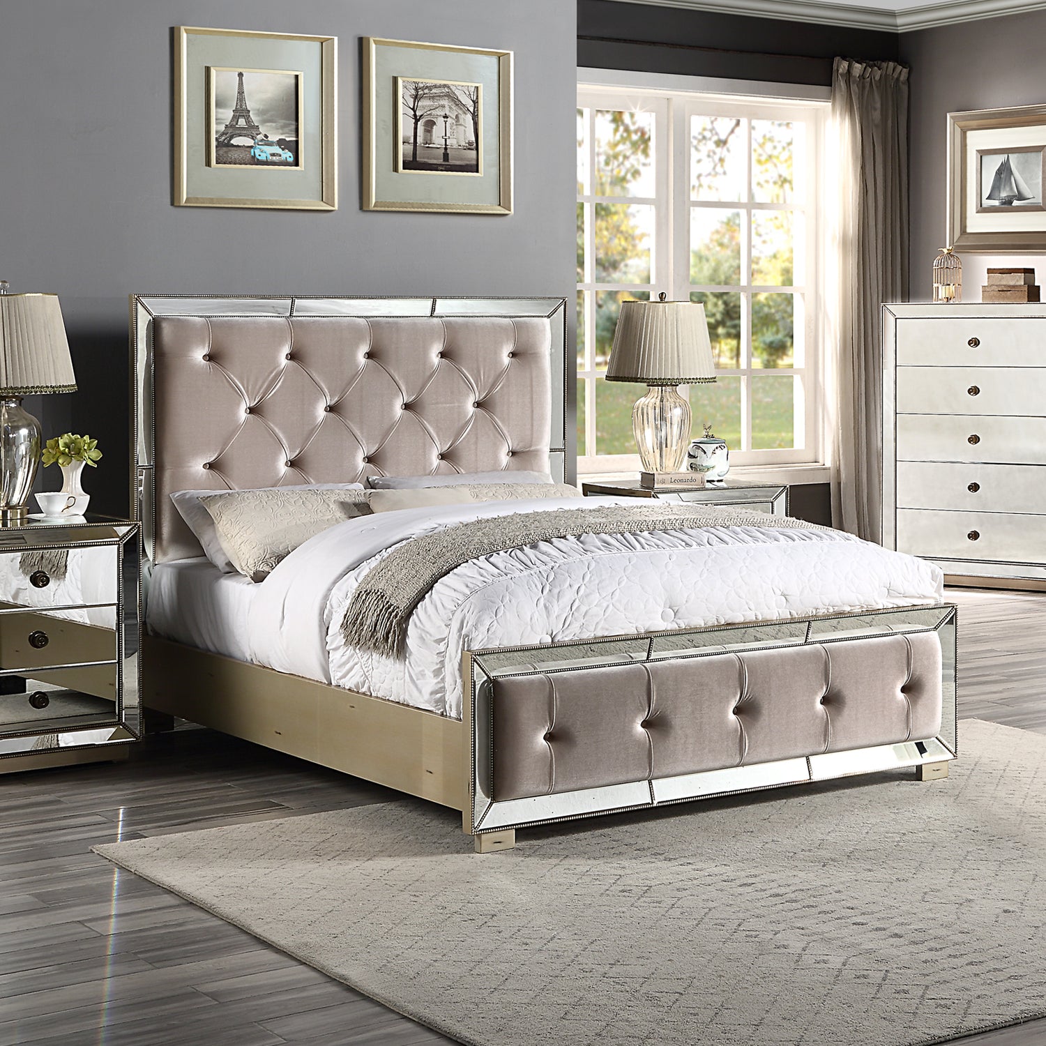 Germany Bedframe Velvet Upholstery Tufted Headboard Mirrored Work Deep Quilting in Beige Colour