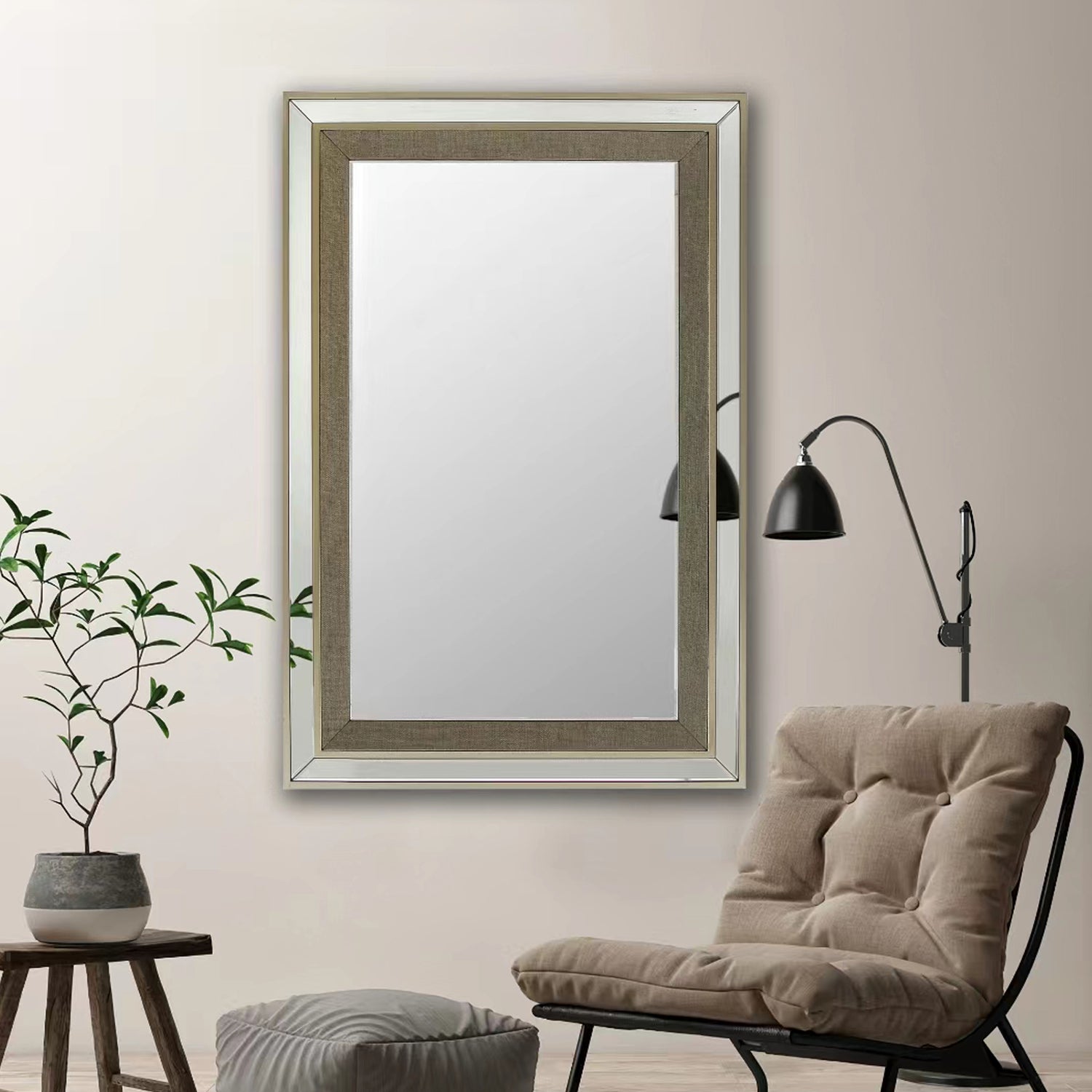 Decorative Silver Wall Mirror MDF Construction, Matching Fabric, Rectangular Shape