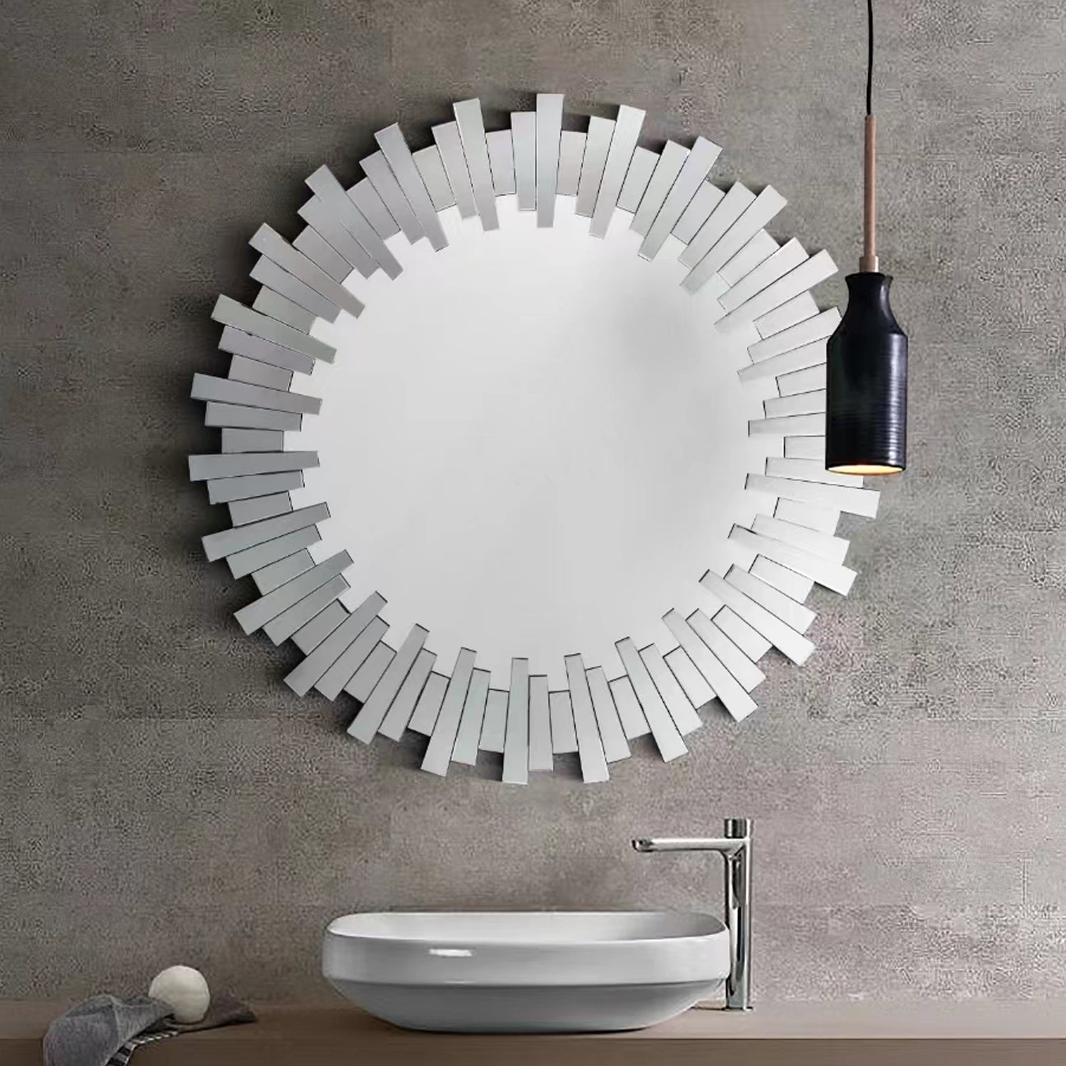 Sunburst Round Wall Mirror with Modern Layered MDF Frame