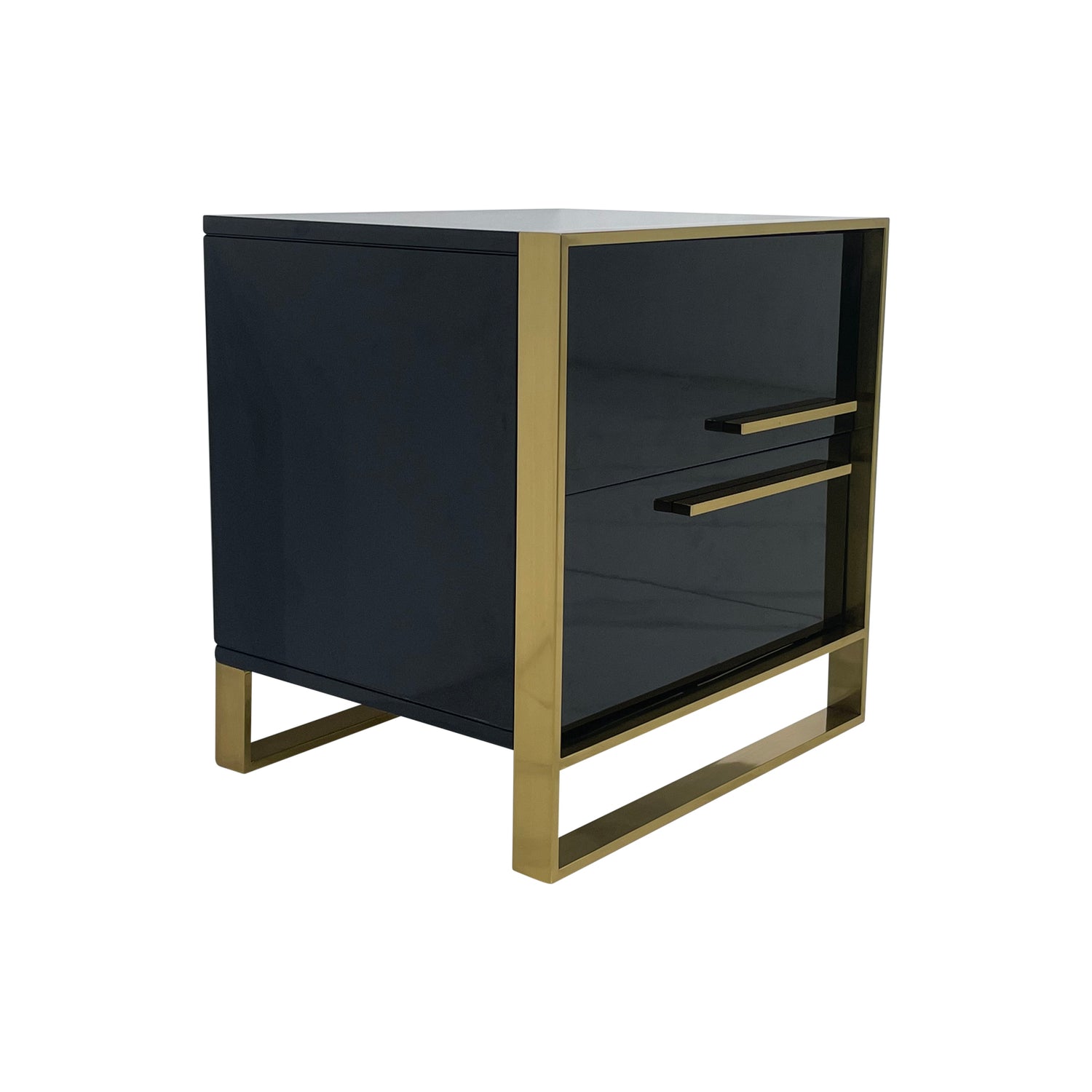 Dynasty Bedside Table Stainless Steel Black and Golden Two Drawers Aesthetic Handles