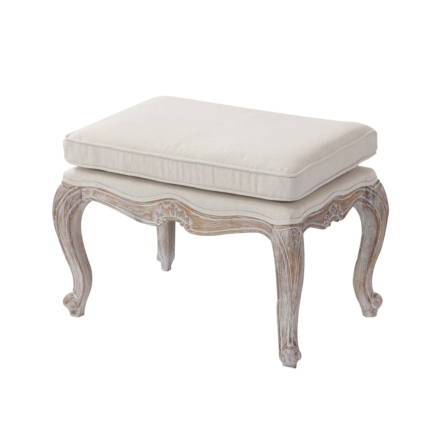 Lille Linen Fabric Beige Oak Wood White Washed Finish Ottoman