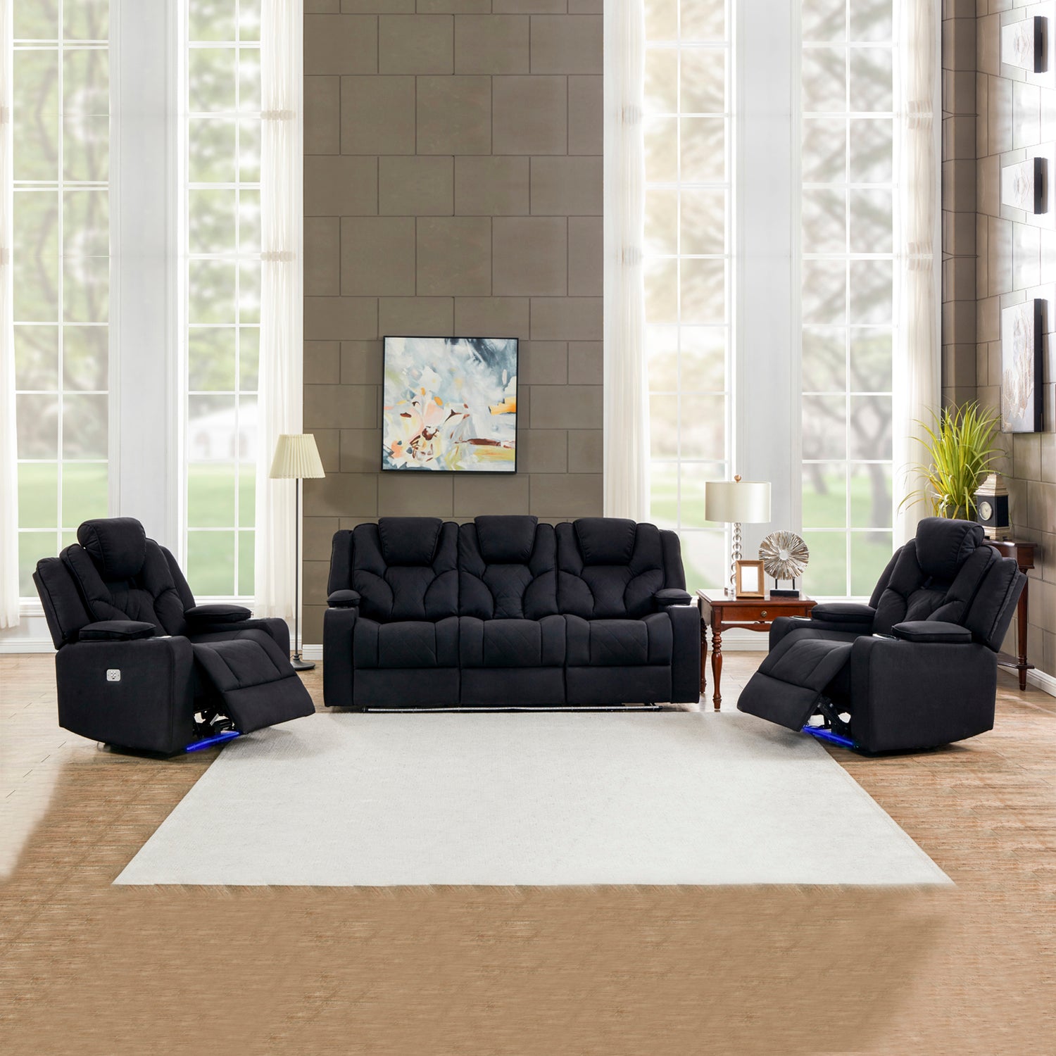 Arnold 3R+1R+1R Premium Rhino Fabric Electric Recliner Sofa with LED Features in Black