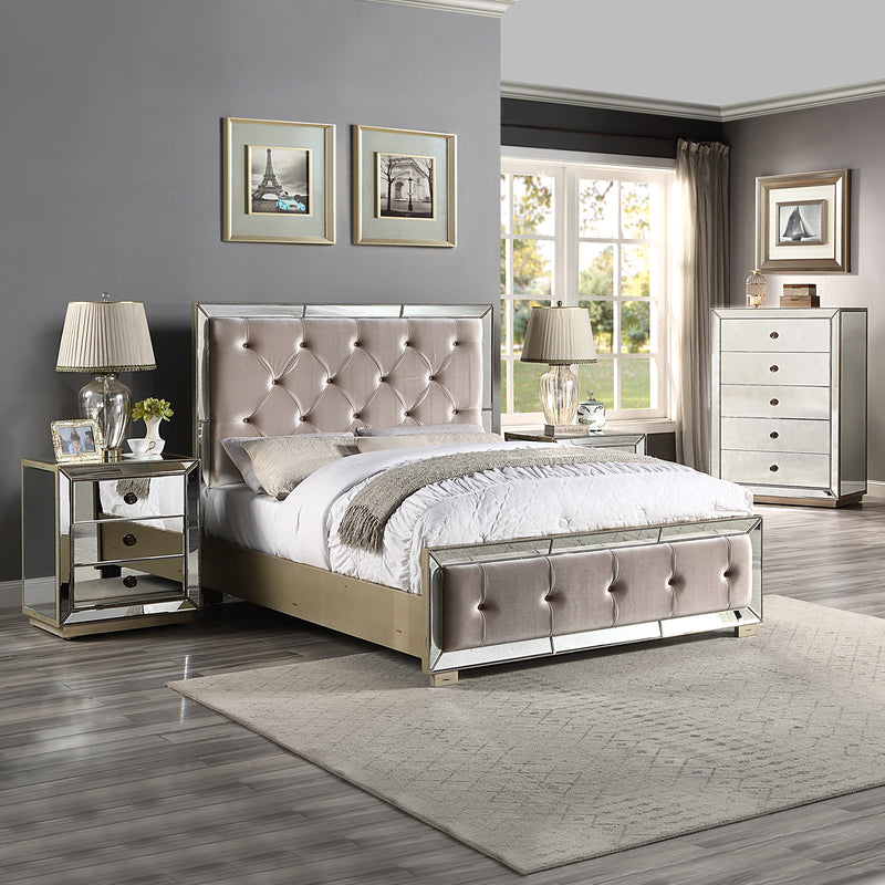 Germany Beige 5/4 pcs Bedroom Suite Velvet Upholstery Deep Quilting