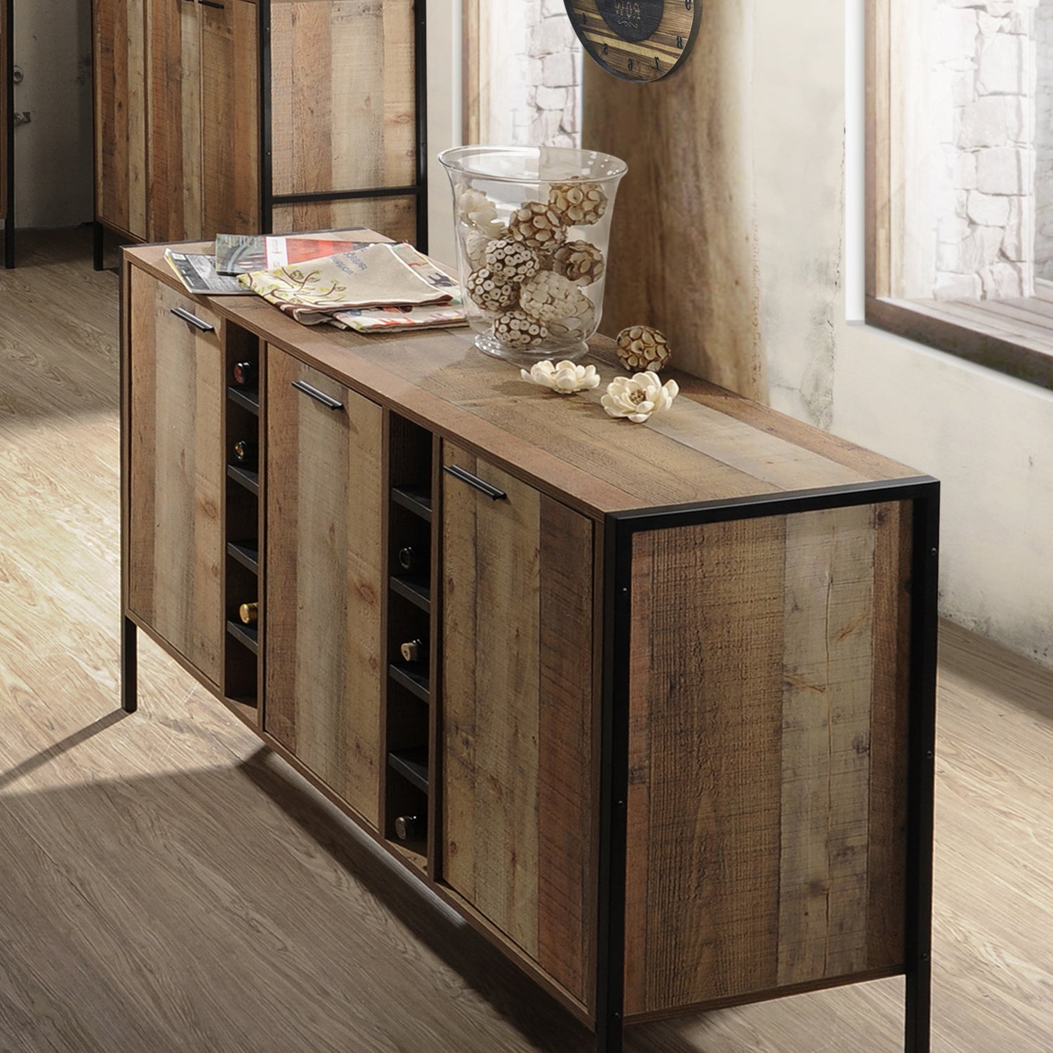 Mascot Wine Cabinet With 3 Storage & Open Selves Bar Cabinet Made Of Particle Board In Oak Colour