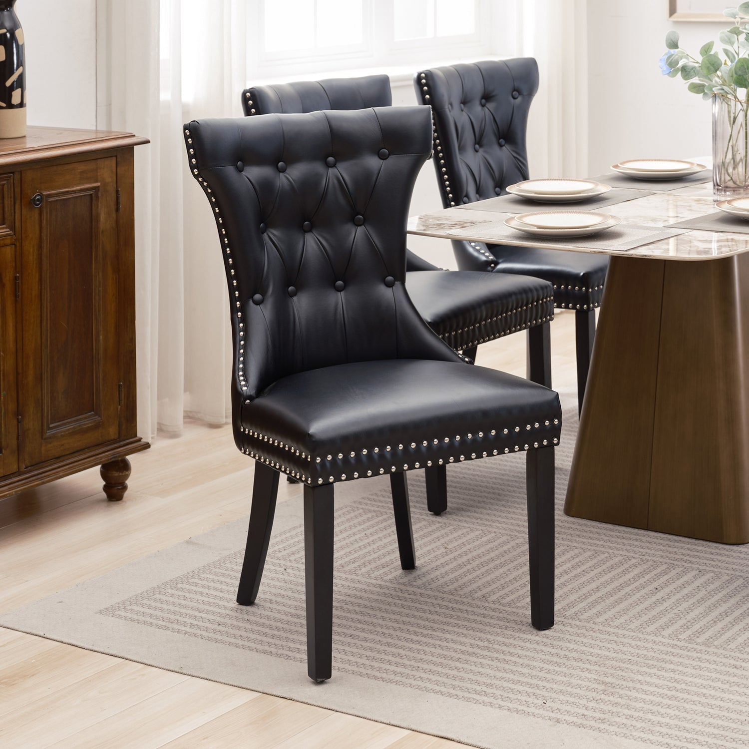 Century 2x Dining Chair Black Leatherette Upholstery Button Studding Deep Quilting Wooden Frame Back with Lion Ring and Nail Rubber Wood Legs