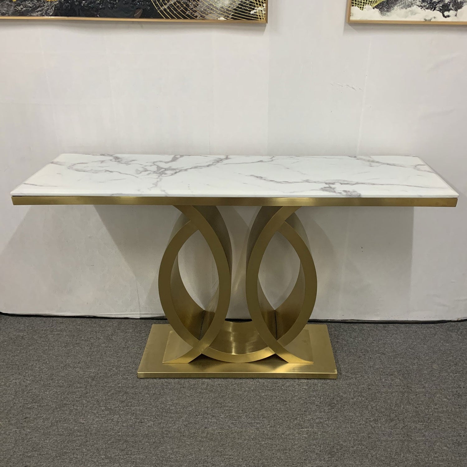 Shark Stainless Electroplating Gold Brush Frame & White Faux Marble Top Hall Table