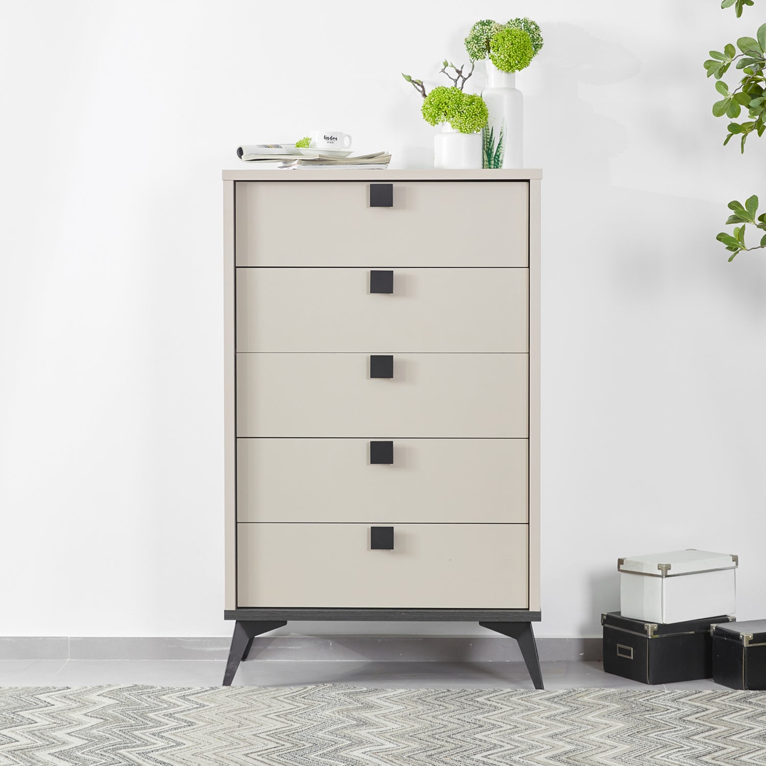 Maxwell Tallboy MDF Particle Board with Melamine Finishing Five Drawers Metal Handles and Legs