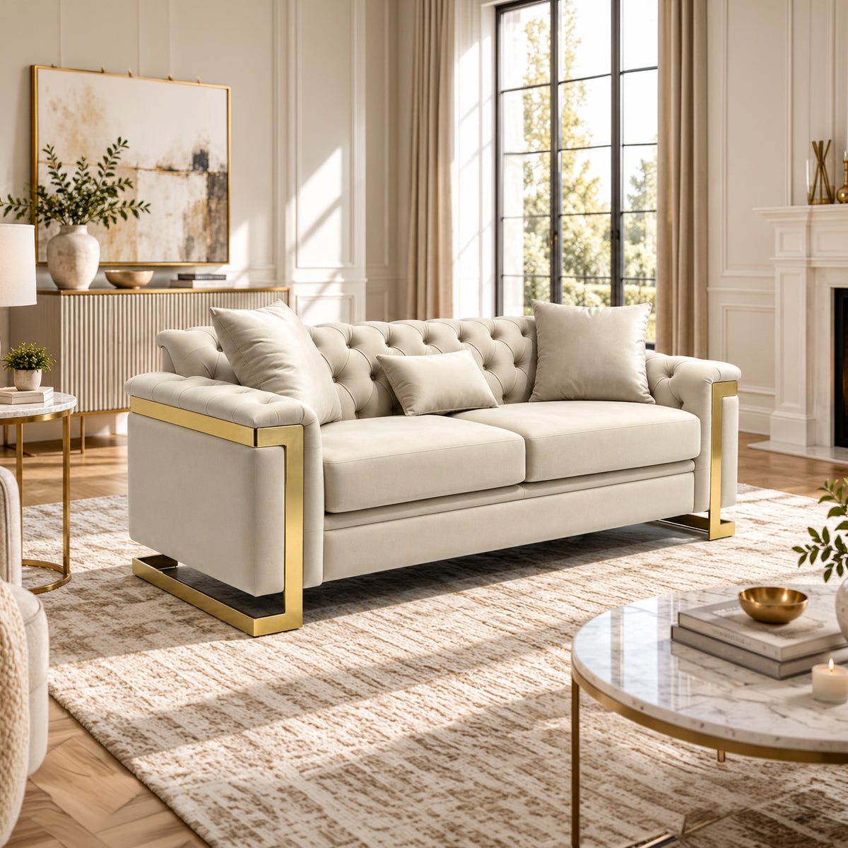Juliette 3 Seater Velvet Sofa with Gold Trim – Beige