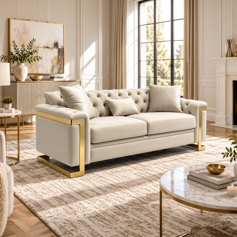 Juliette 3+1+1 Seater Velvet Sofa with Gold Trim – Beige