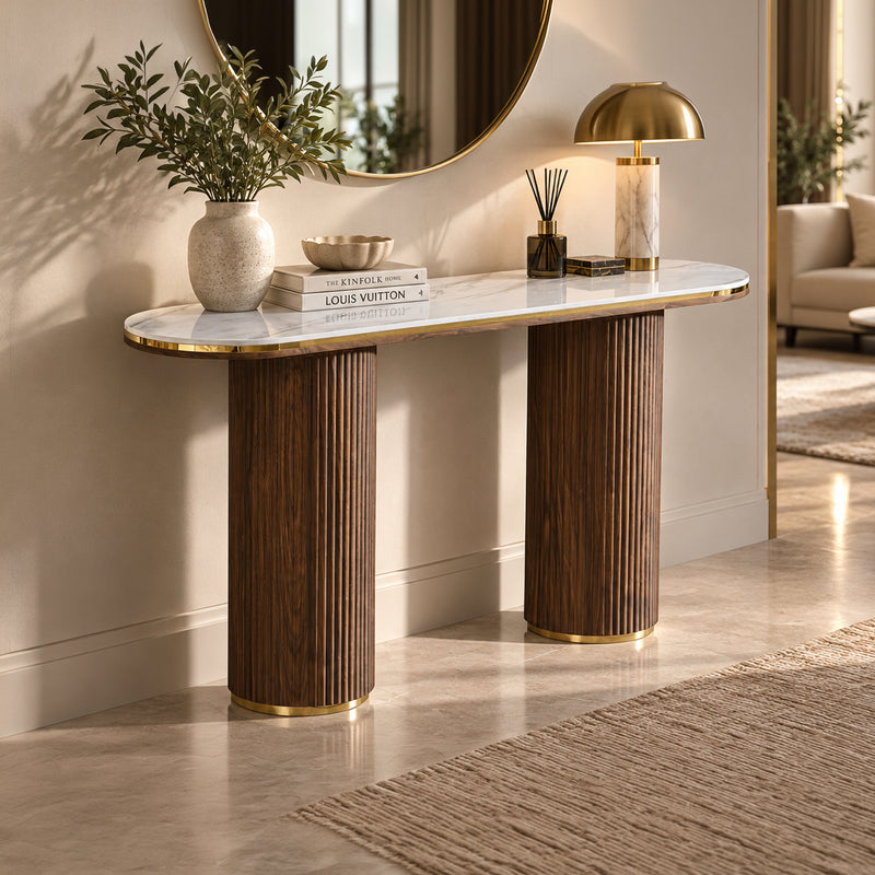Archie Hall Table with Sintered Stone Top & Timber-Look Finish