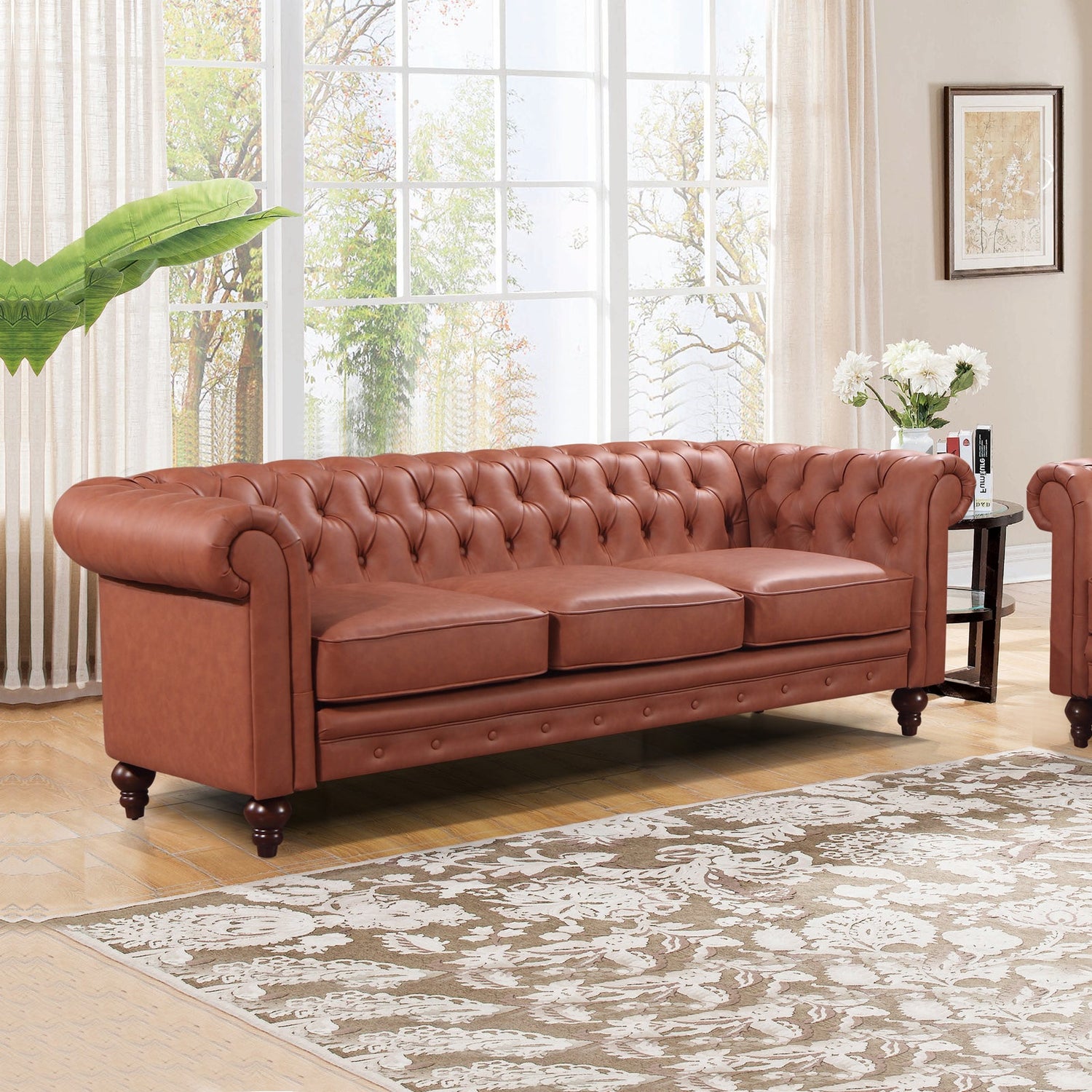 Madeline Luxurious Chesterfield Style Button Tufted Leatherette Brown Colour 3 Seater Sofa