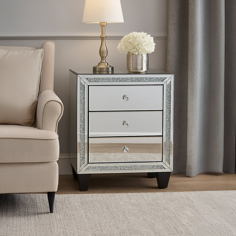 Aurora Bed Side Table Silver Colour MDF Mirror Crystal Beads 3 Drawers Round Handles