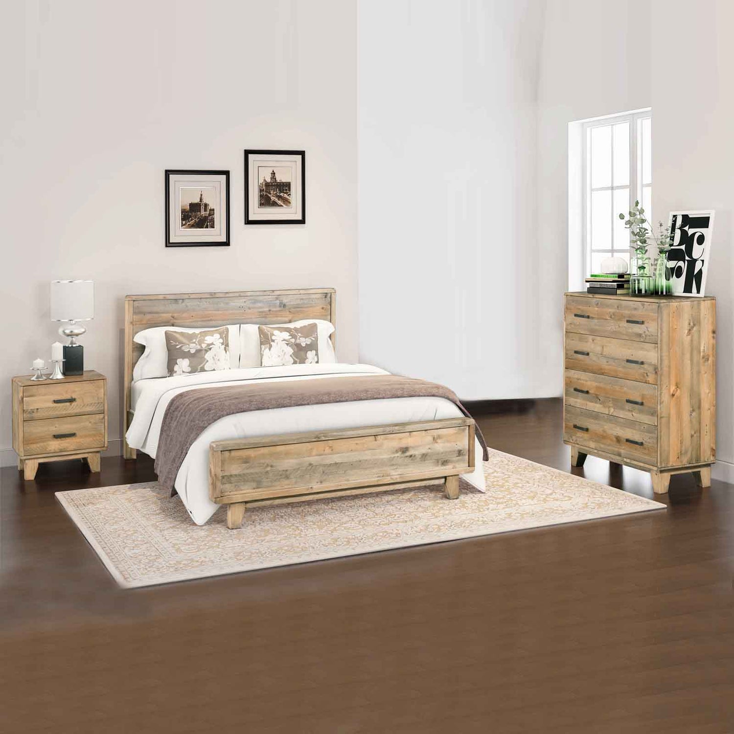 Woodland Solid Pine Timber 4 Pcs Bedroom Suite In Rustic Texture In Multiple Size