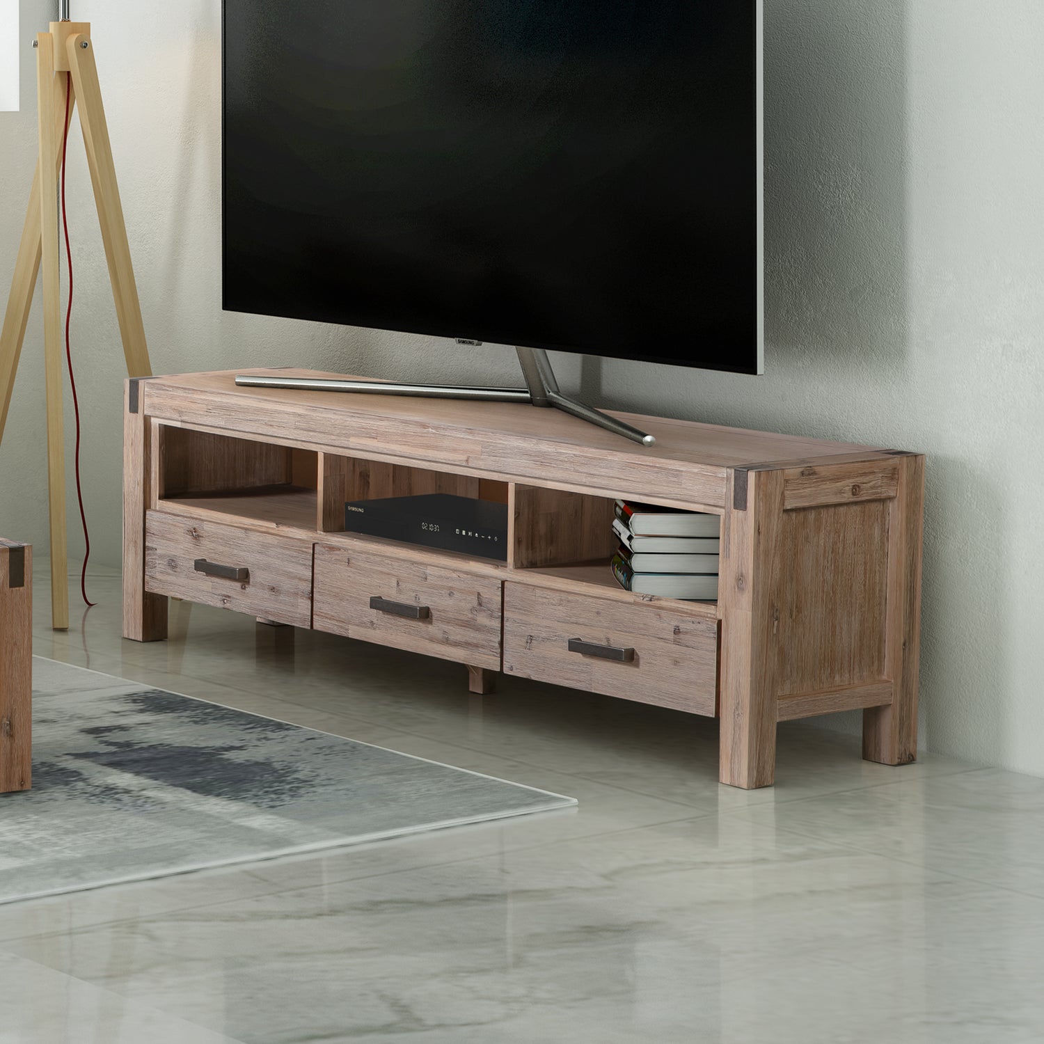 Java 3 Storage Drawers Solid and Veneered Acacia TV Cabinet