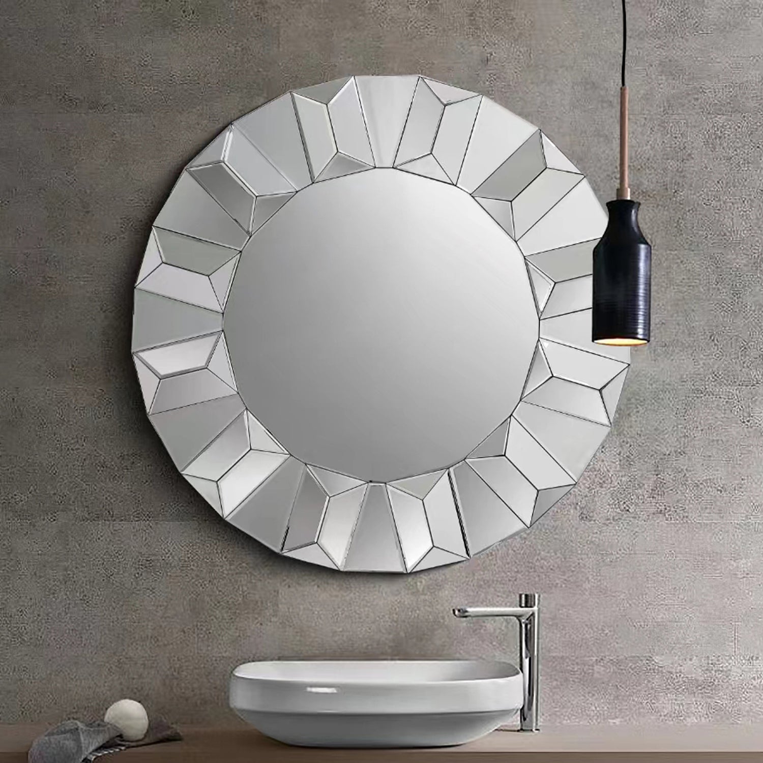 Modern Geometric Round Wall Mirror with Elegant Frame on MDF Construction