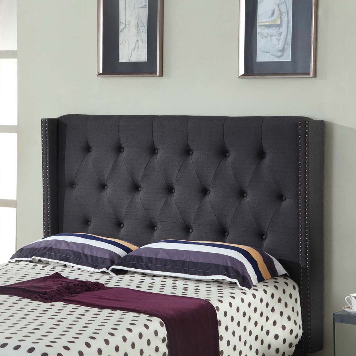 Milano Solid Wood Charcoal Queen Linen Fabric Upholstery Studded Buttons Tuffted Headboard with Wings