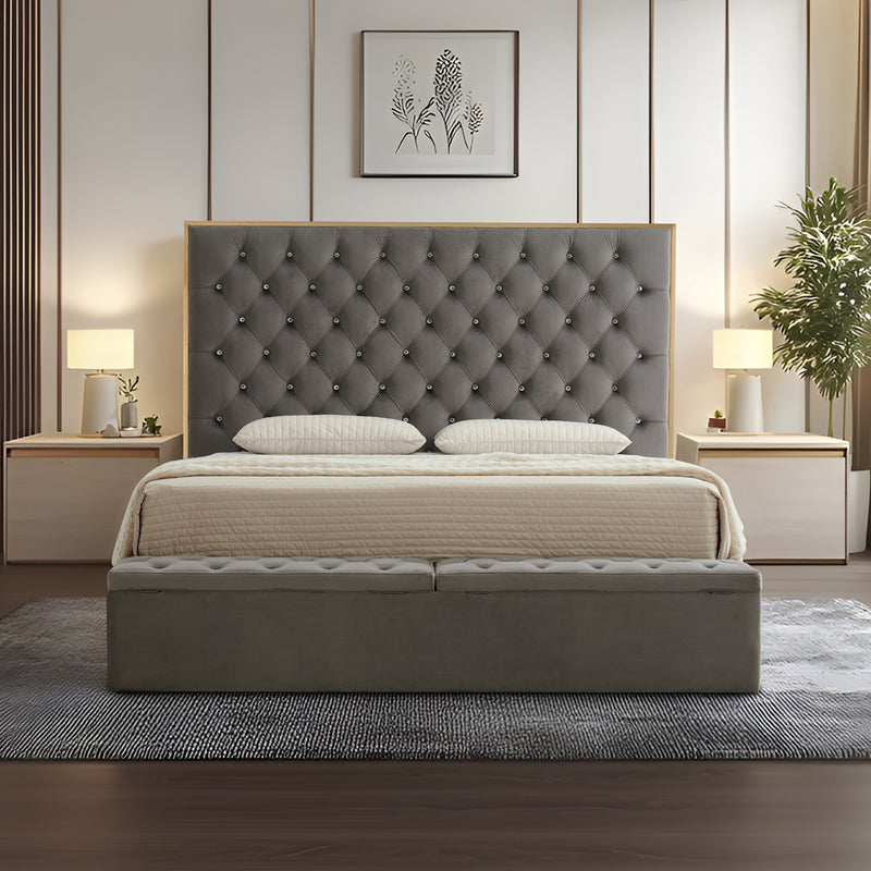 Helena Multiple Sizes Bed Frame Fabric Upholstery Tufted Headboard Slats Storage