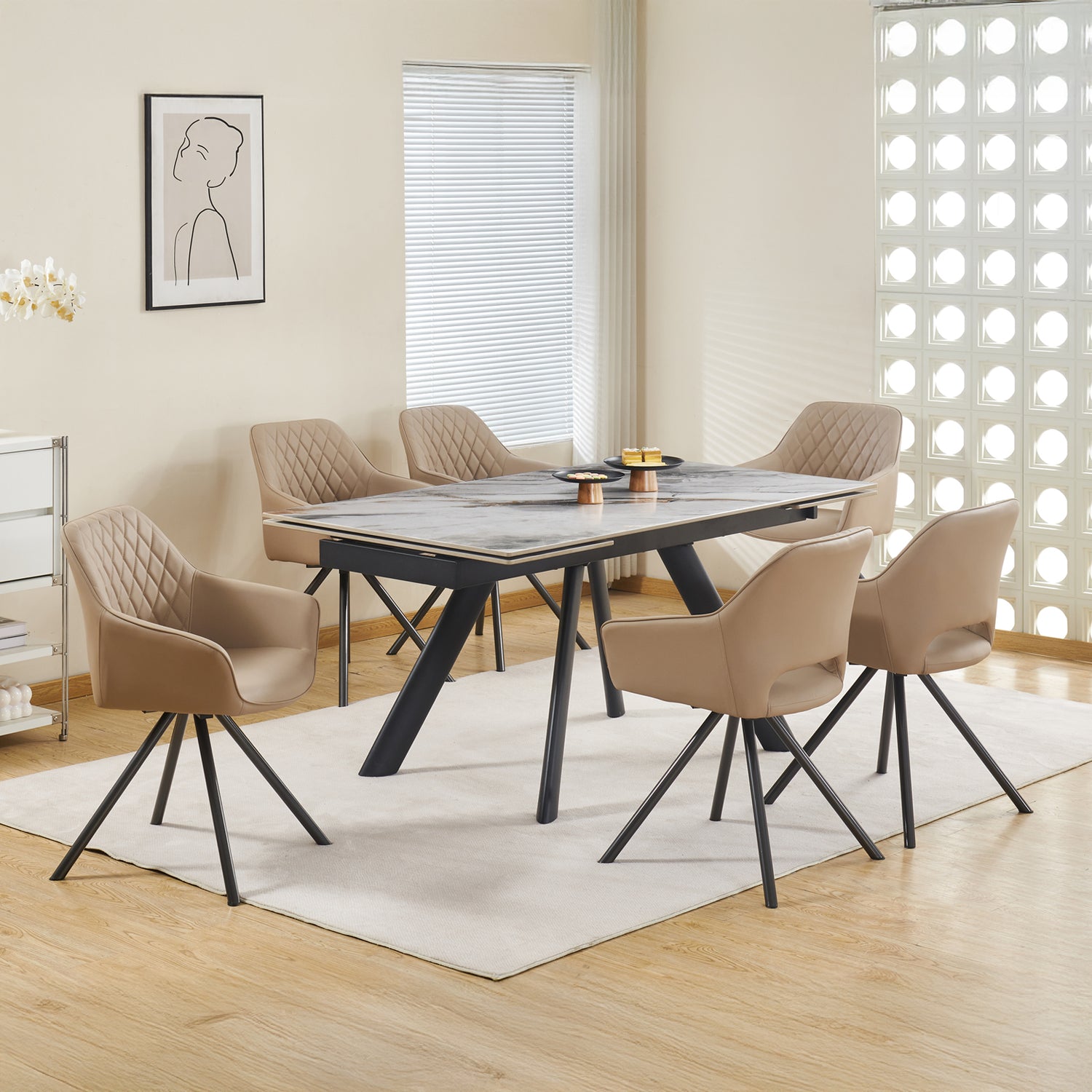 Lena 1x Powder Coating Dining Table with 6pcs Leatherette Padded Upholstery Dining Chair