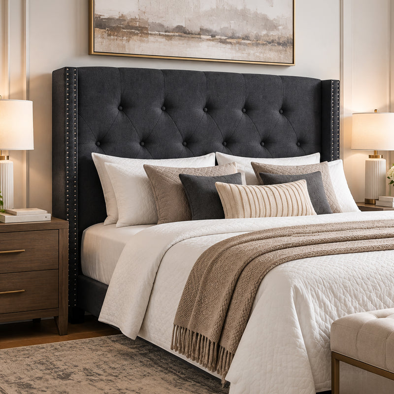 Milano Queen Bed Headboard – Charcoal Linen with Wingback Design