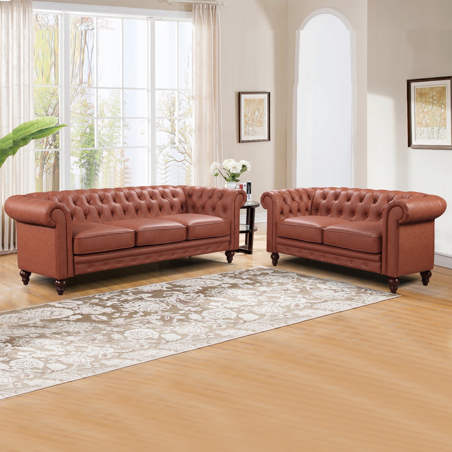 Madeline Luxurious Chesterfield Style 3S+2S Button Tufted Leatherette Brown Colour Sofa