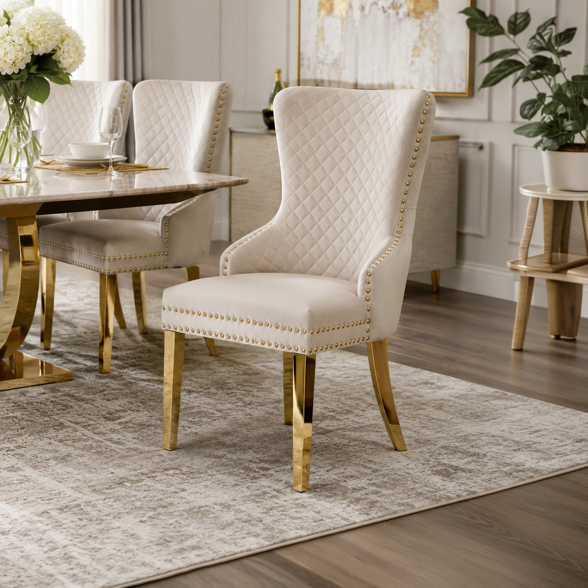 Lyon Set of 2 Beige Velvet Dining Chairs – Button Studded Ring Back Design
