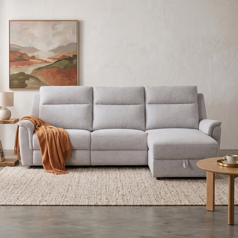 Loui Grey Fabric Electric Recliner Chaise Sofa with Storage