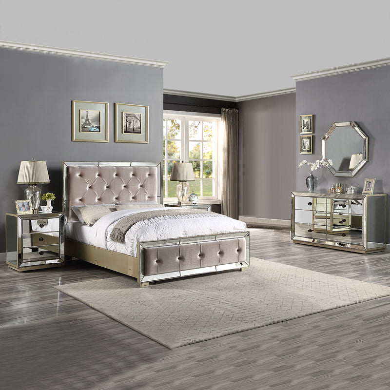 Germany Beige 5/4 pcs Bedroom Suite Velvet Upholstery Deep Quilting