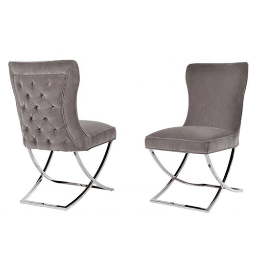 Barbud 2x Dining Chairs Grey Fabric Upholstery Beautiful Quilting Silver Colour Legs