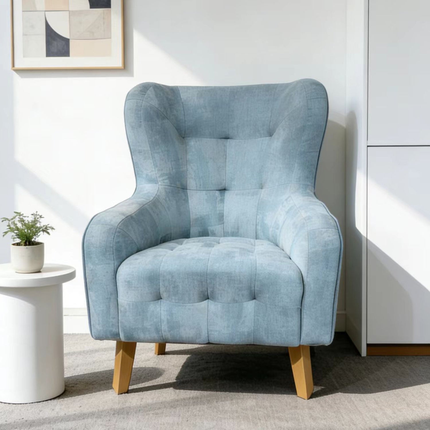 Dhalia Blue Tufted Armchair with Solid Wood Leg