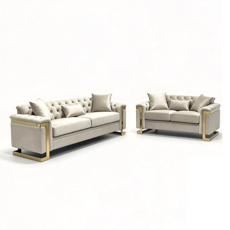 Juliette 3+2 Seater Velvet Sofa with Gold Trim – Beige