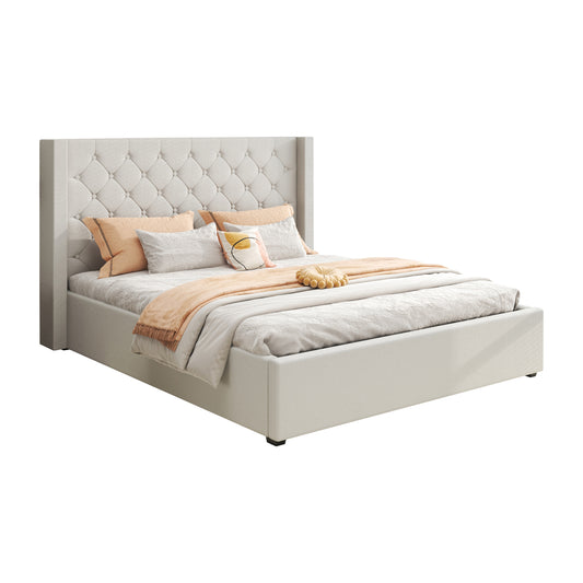 Veronica Winged Grey Linen Fabric Seam Grid Pattern Gas Lift Metal Bed Frame in Multiple Sizes