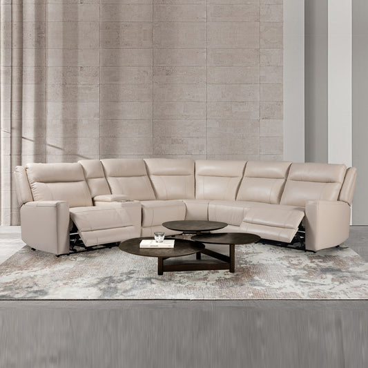 Berlin 5 Seater Sectional Leather Sofa Two Power Slide King Size Beige color Multifunctional Console