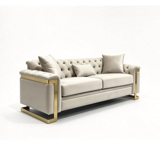 Juliette 3 Seater Velvet Sofa with Gold Trim – Beige