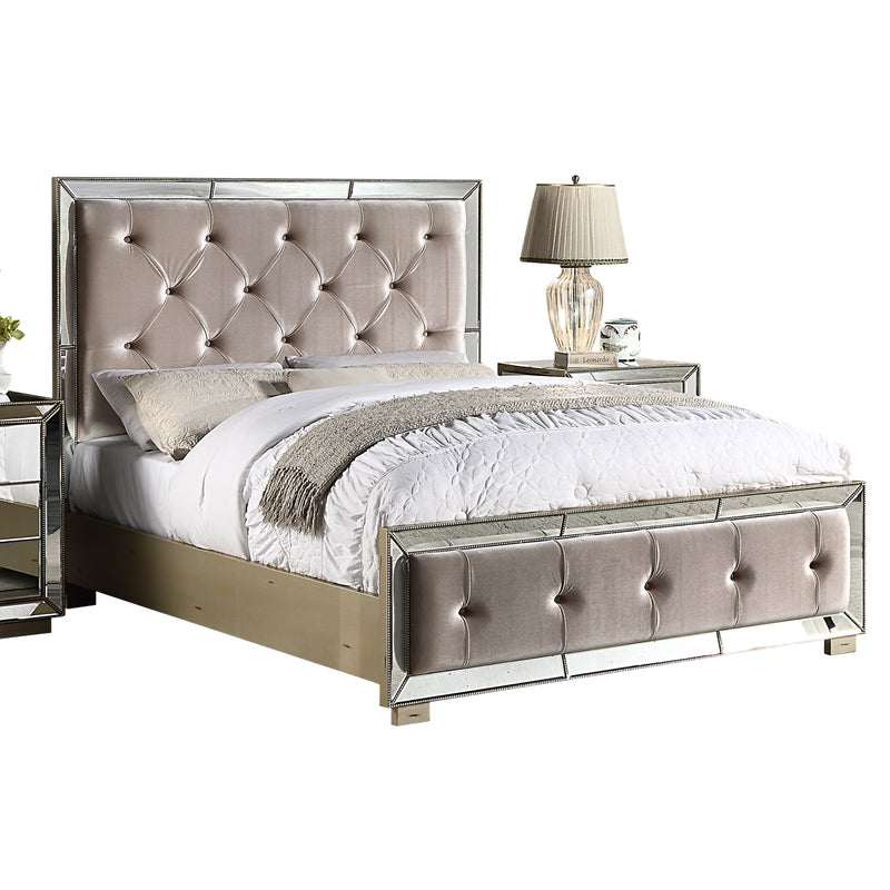 Germany Bedframe Velvet Upholstery Tufted Headboard Mirrored Work Deep Quilting in Beige Colour