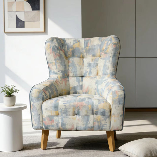 Dhalia Blue Tufted Armchair with Solid Wood Leg