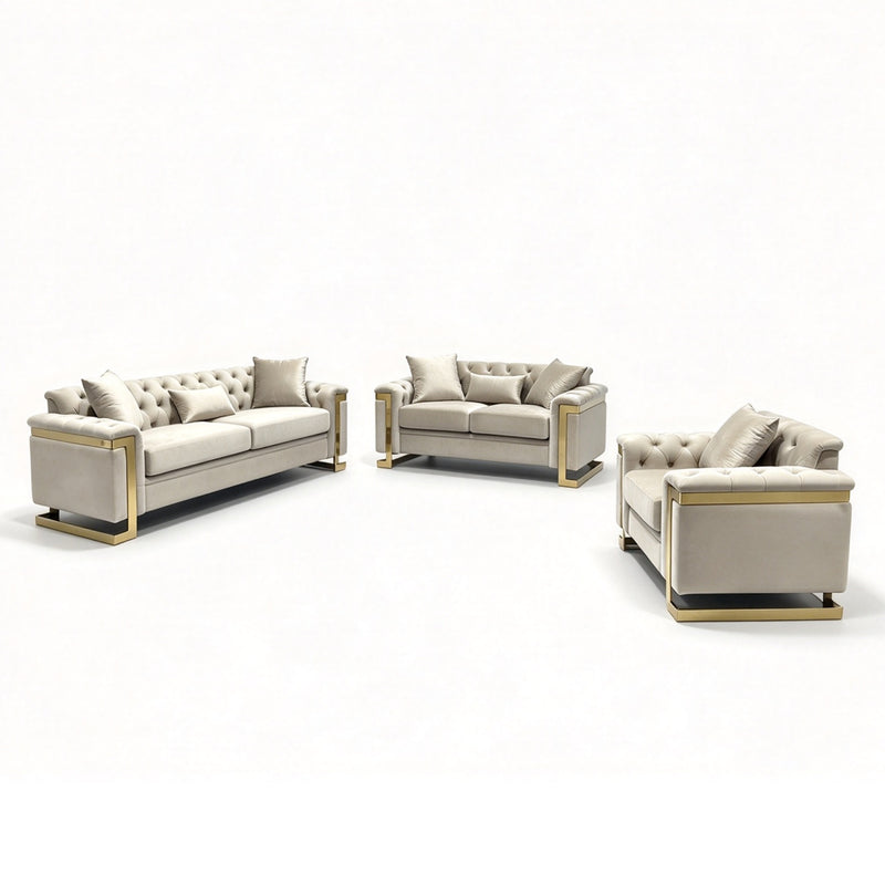 Juliette 3+2+1 Seater Velvet Sofa with Gold Trim – Beige
