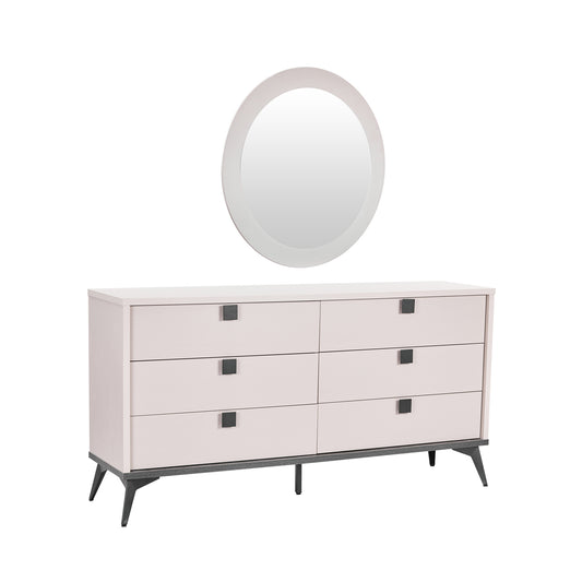 Maxwell Dresser Mirror MDF Particle Board with Melamine Finishing Six Drawers Metal Handles and Legs