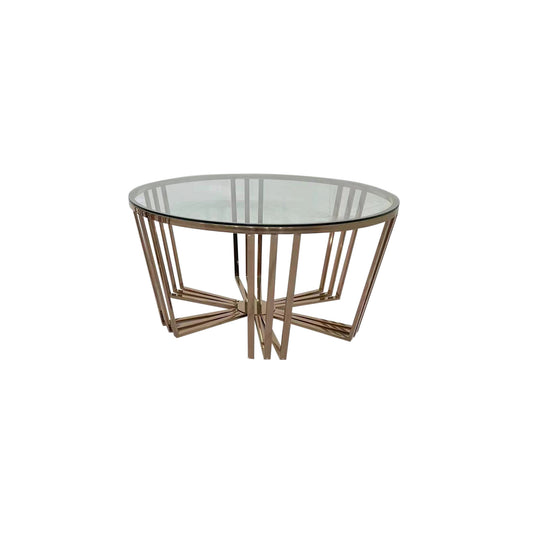 Jordana Coffee Table Round Shaped Clean Glass Top Golden Base High Gloss Gorgeous Legs