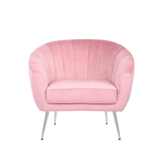 Margo Arm Chair Light Pink Velvet Wooden Frame Iron Legs in Silver Colour