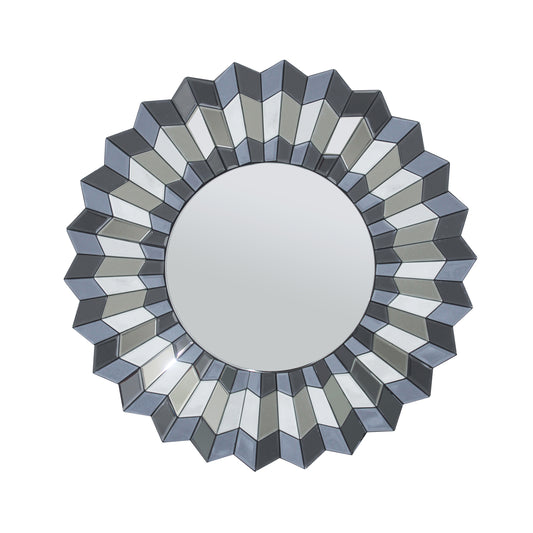 Decorative Round Wall Mirror with Geometric Design and Silver Accents