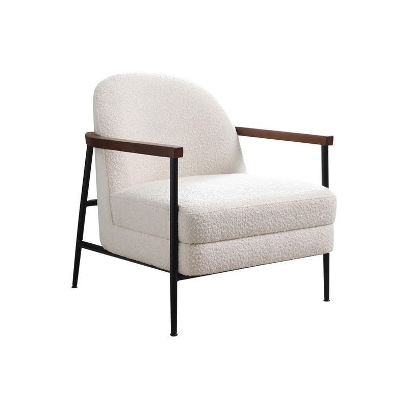 Denmark White Fabric Armchair with Wooden Arms & Black Metal Legs