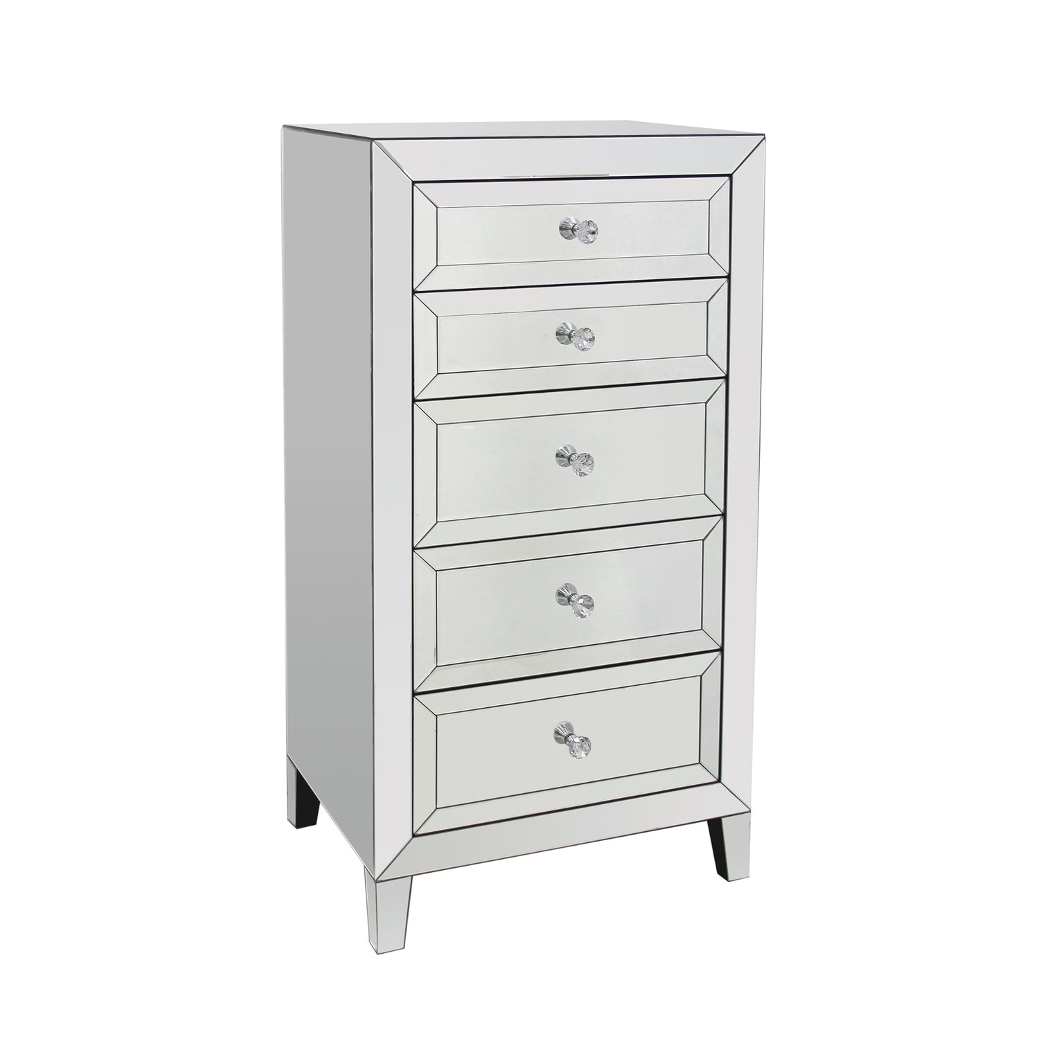 Camelia Tallboy MDF Silver Mirror Five Drawers Sparkling Handle