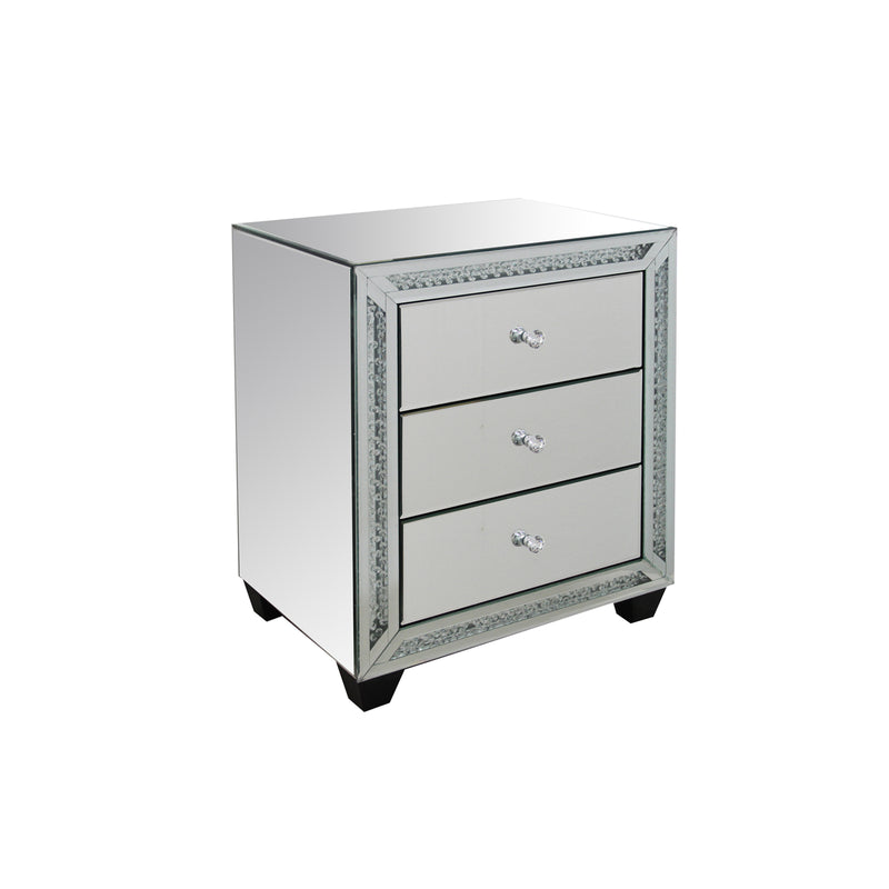 Aurora Bed Side Table Silver Colour MDF Mirror Crystal Beads 3 Drawers Round Handles