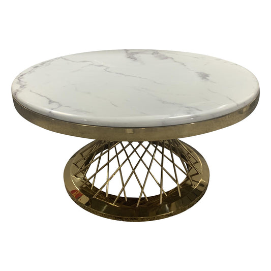 Diana Coffee Table Round Shape White Faux Marble Top Spiral Base Stainless Electroplating Titanium Gold