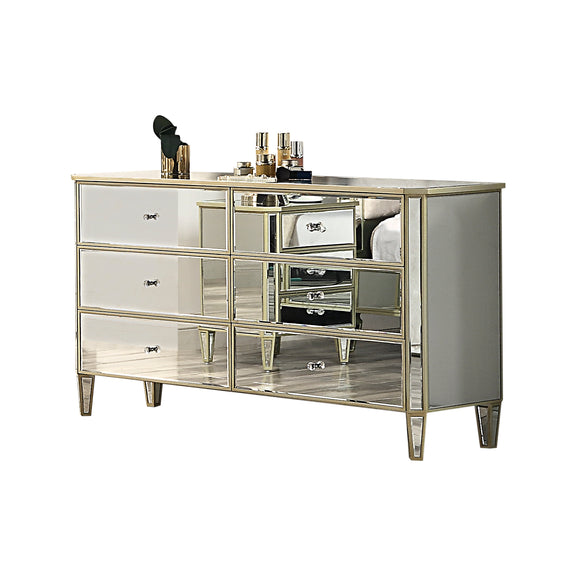 Antique Gold 6-Drawer Dresser with Mirrored Detailing Antique Gold 6-Drawer Dresser with Mirrored Detailing